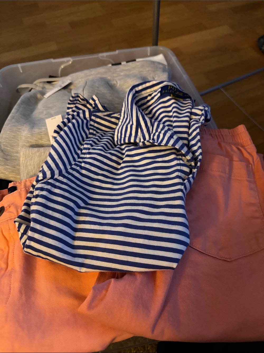 Polo by Ralph Lauren Navy & White Striped Polo with Coral Shorts and pants